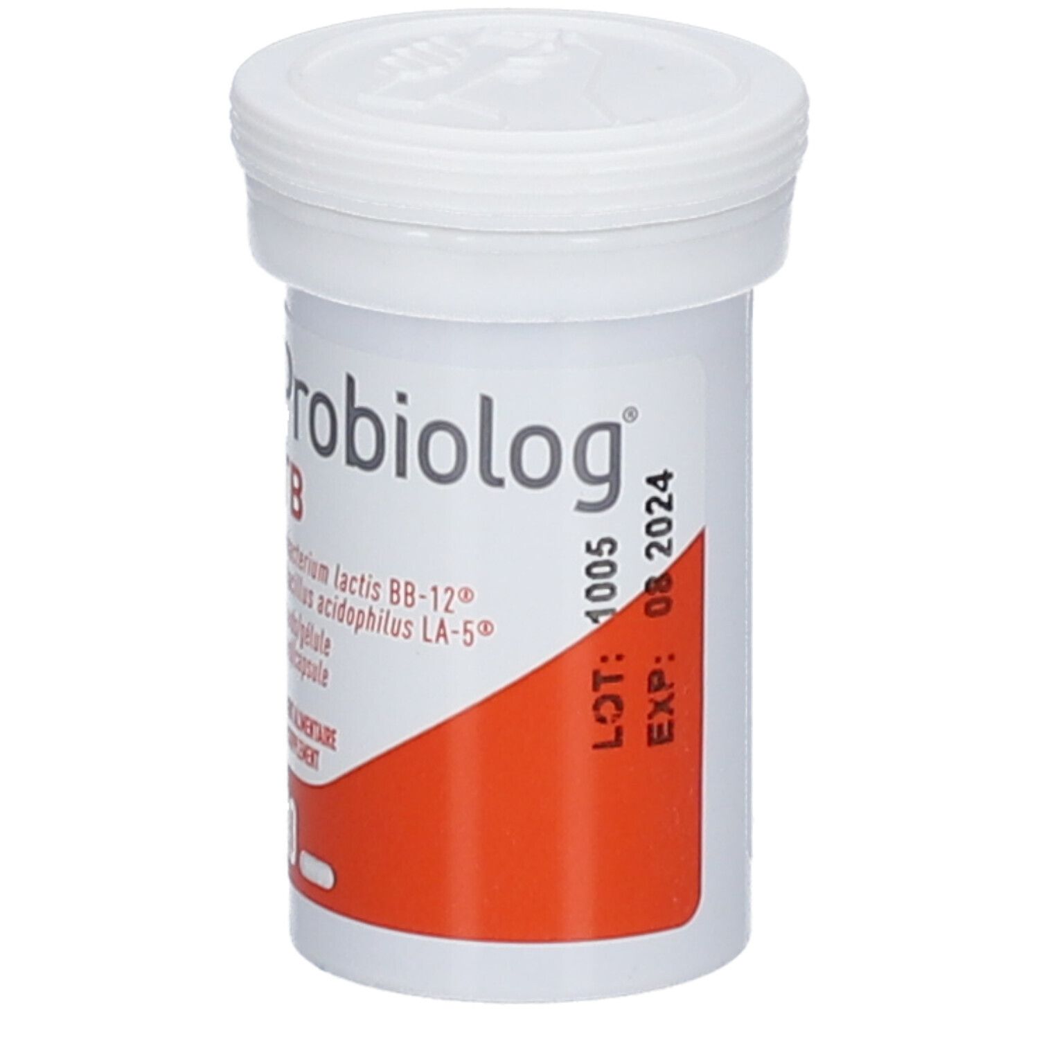 Witte, cilindrische Probiolog ATB-verpakking met deksel. Rode strook met tekst. Houdbaar tot 08.2024.