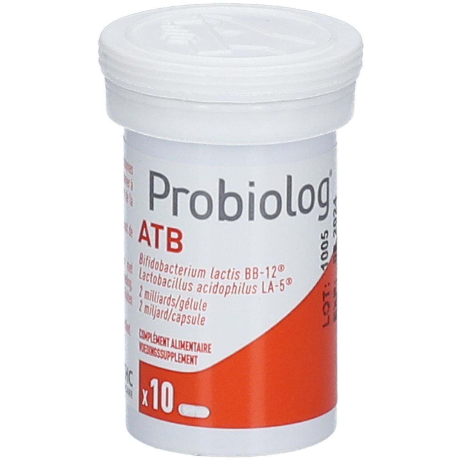 Witte, cilindrische Probiolog ATB-verpakking met deksel. Rode strook met tekst. Bevat 10 capsules.
