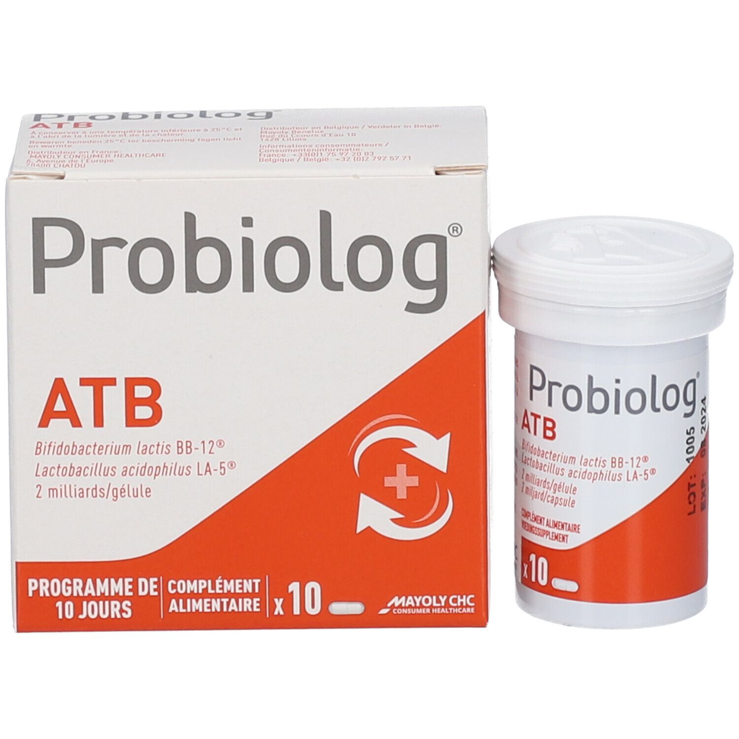 Probiolog ATB-verpakking en -verpakking. Verpakking met tekst en logo. Verpakking met rode strook en tekst.