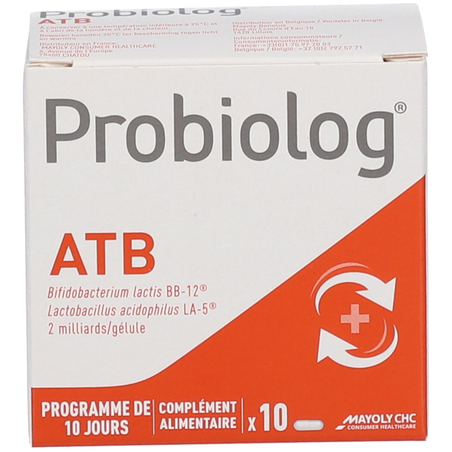 Probiolog ATB-verpakking met tekst en logo. Bevat 10 capsules. Logo MAYOLY CHC.