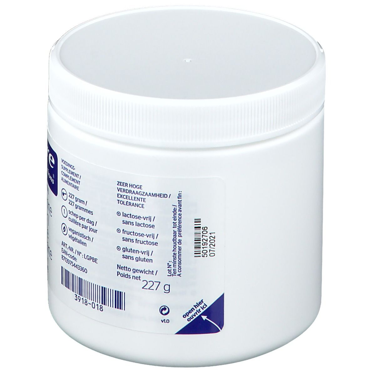 Pot blanc avec étiquette bleue. Contient 227g. Informations sans lactose, fructose et gluten. Date limite 07/2021.