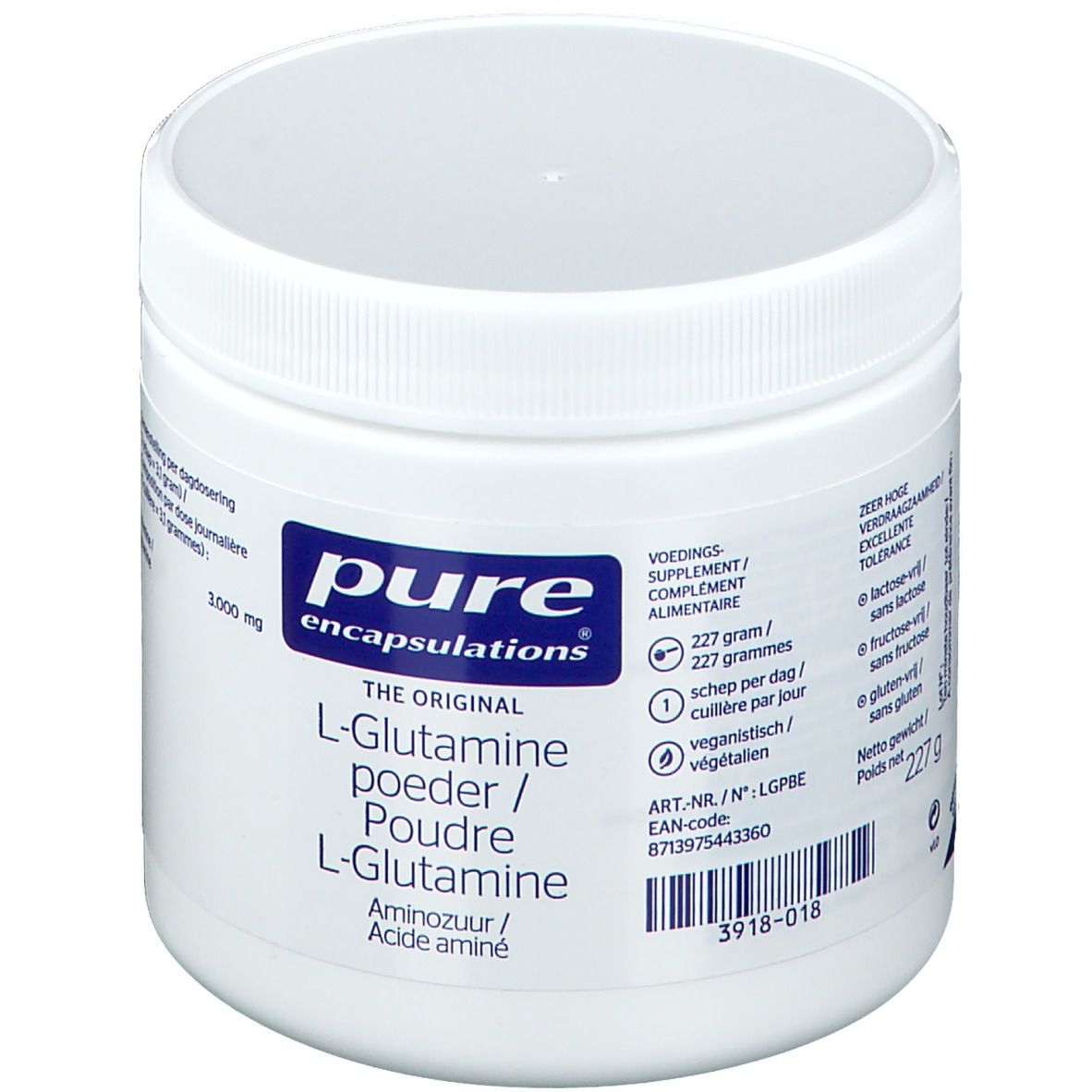 Pot blanc avec étiquette bleue. Inscription: Pure Encapsulations L-Glutamine poudre. Contient 227g. Végétalien.