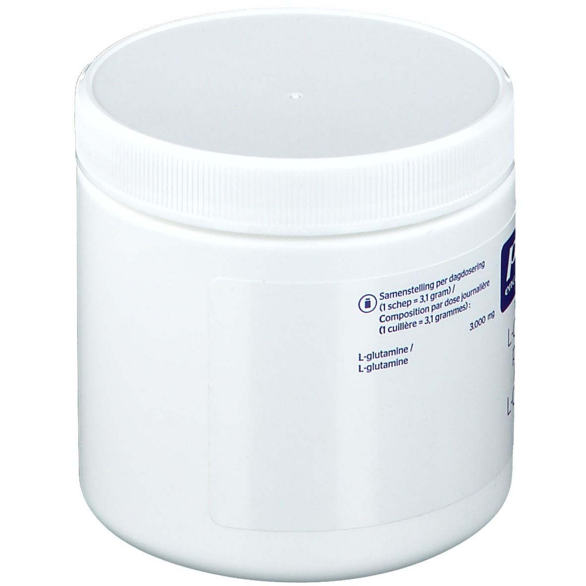 Pot blanc avec étiquette bleue. Inscription: Pure Encapsulations L-Glutamine. Contient 3.000 mg L-Glutamine.