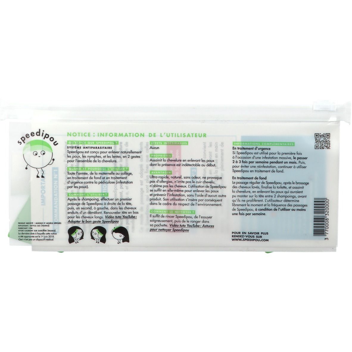 Emballage transparent avec texte et logo. Le texte est en français. Le logo représente un cercle vert avec un visage.