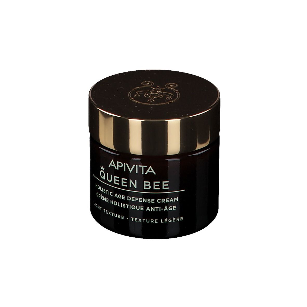Donkere glazen pot met gouden deksel. Opschrift: APIVITA Queen Bee. Tekst in het Engels en Frans.