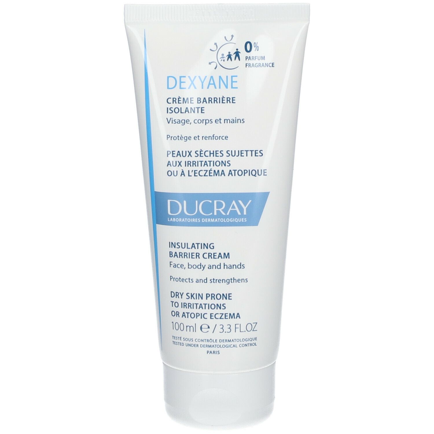 Witte tube met blauwe tekst. Dexyane Crème Barrière Isolante. Gezicht, lichaam en handen. Ducray-logo.