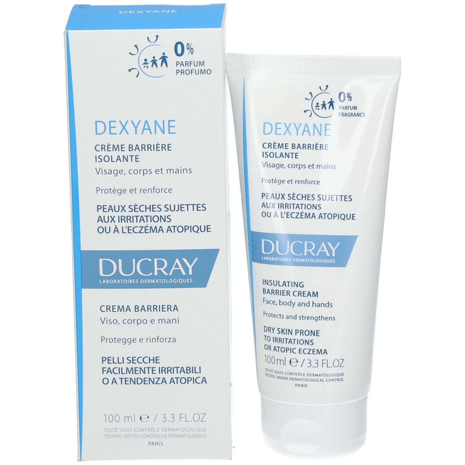 Productverpakking. Tube en doos. Dexyane Crème Barrière Isolante. Ducray-logo. 0% Parfum.