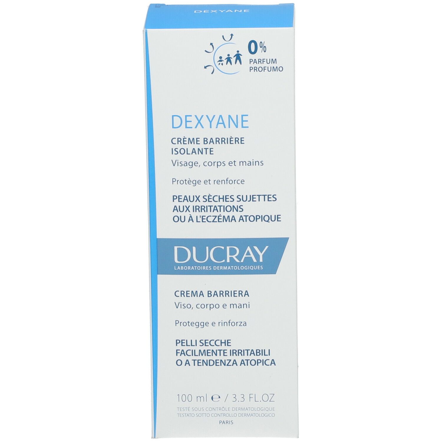 Blauwe doos. Dexyane Crème Barrière Isolante. Ducray-logo. 0% Parfum. Meertalige tekst.