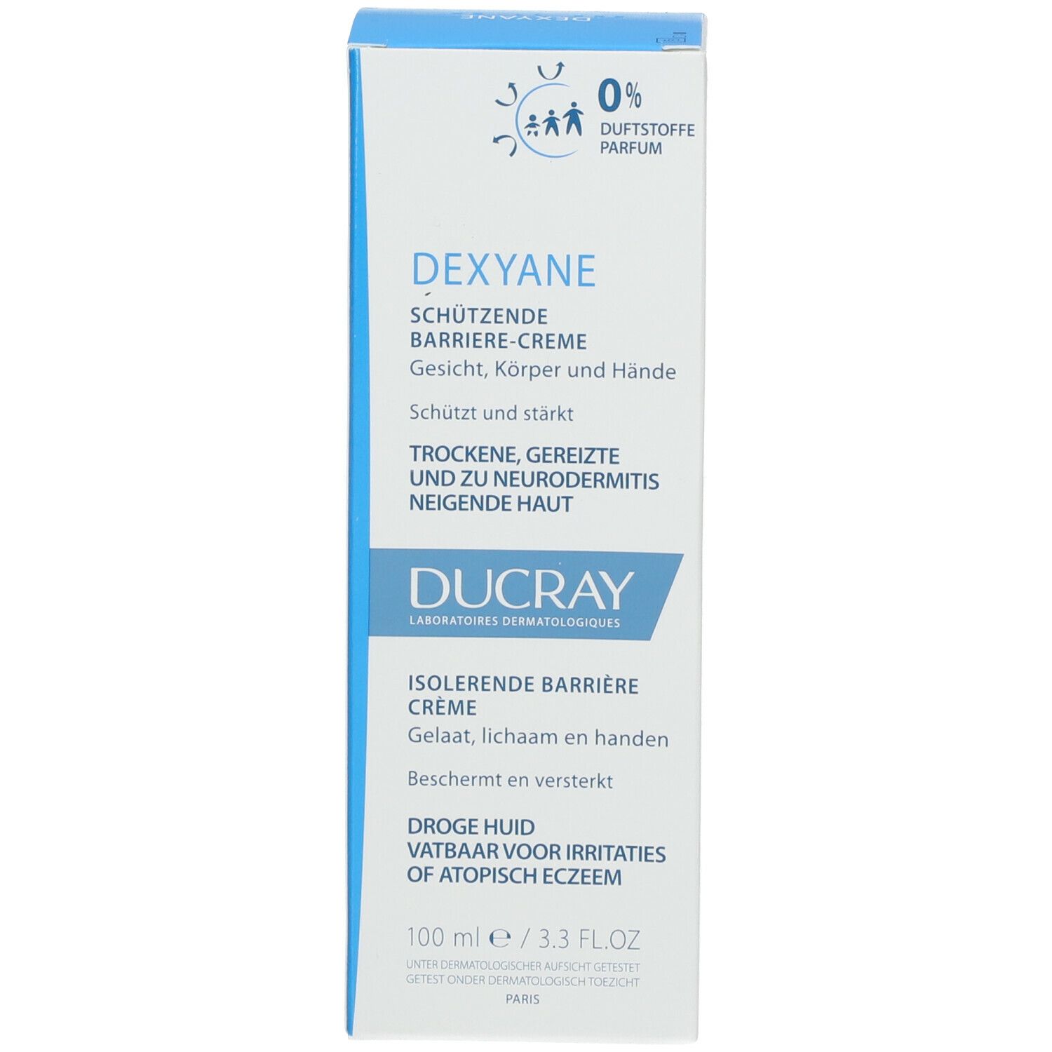 Blauwe doos. Meertalige tekst. Dexyane Barrièrecrème. Ducray-logo. 0% Parfum.