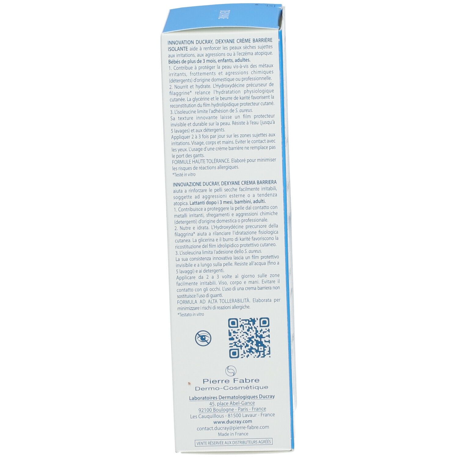 Blauwe doos. Meertalige tekst. Pierre Fabre-logo. Contactgegevens en QR-code.