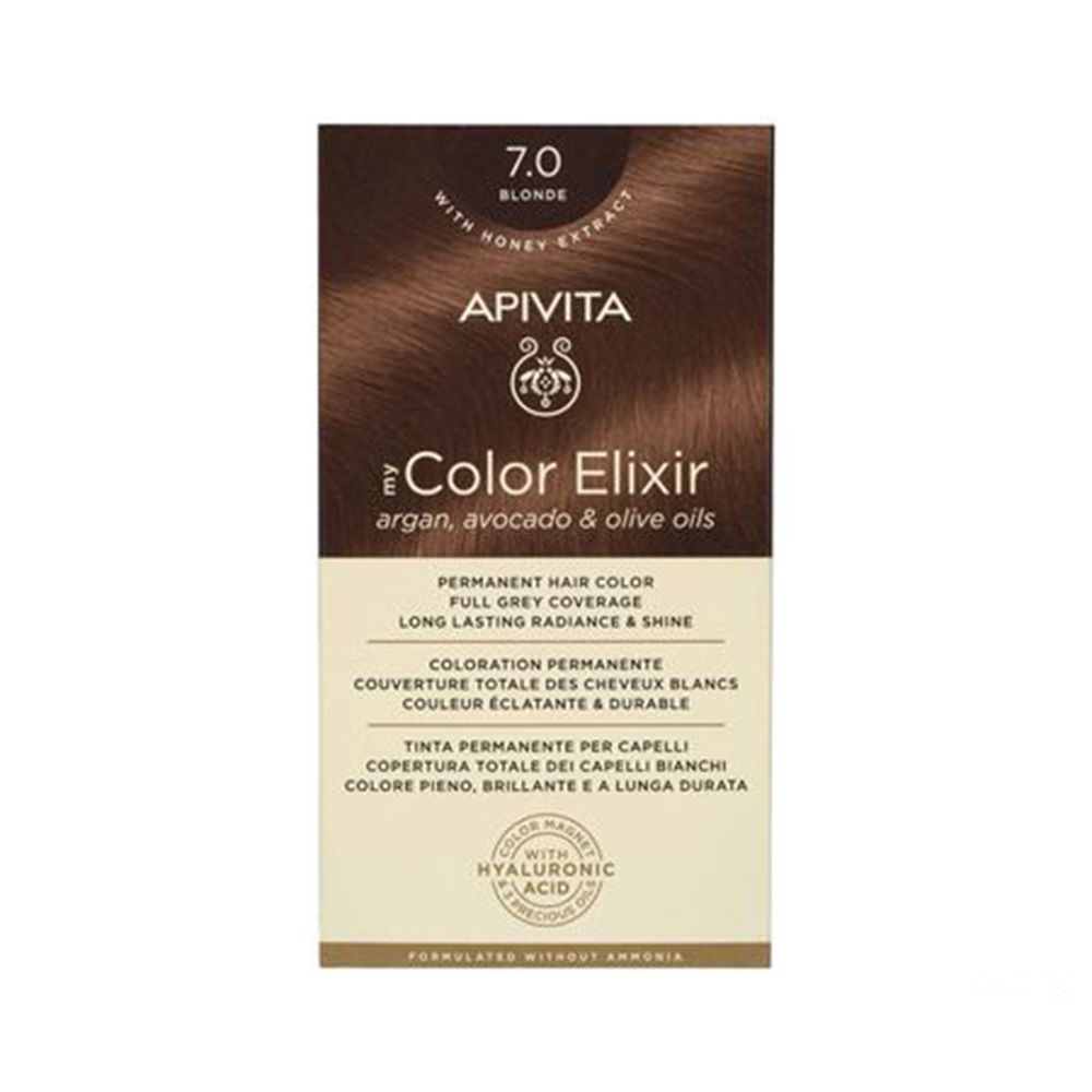 APIVITA Color Elixir Haarfarbe 7.0 Blond. Verpackung mit Produktinformationen. Enthält Honigextrakt, Argan-, Avocado- und Olivenöle.