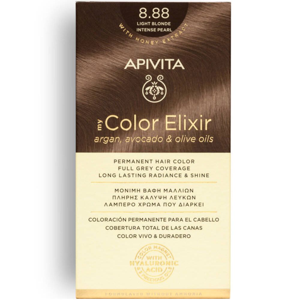 Boîte de coloration capillaire APIVITA My Color Elixir 8.88. Contient extrait de miel. Inscriptions en plusieurs langues.