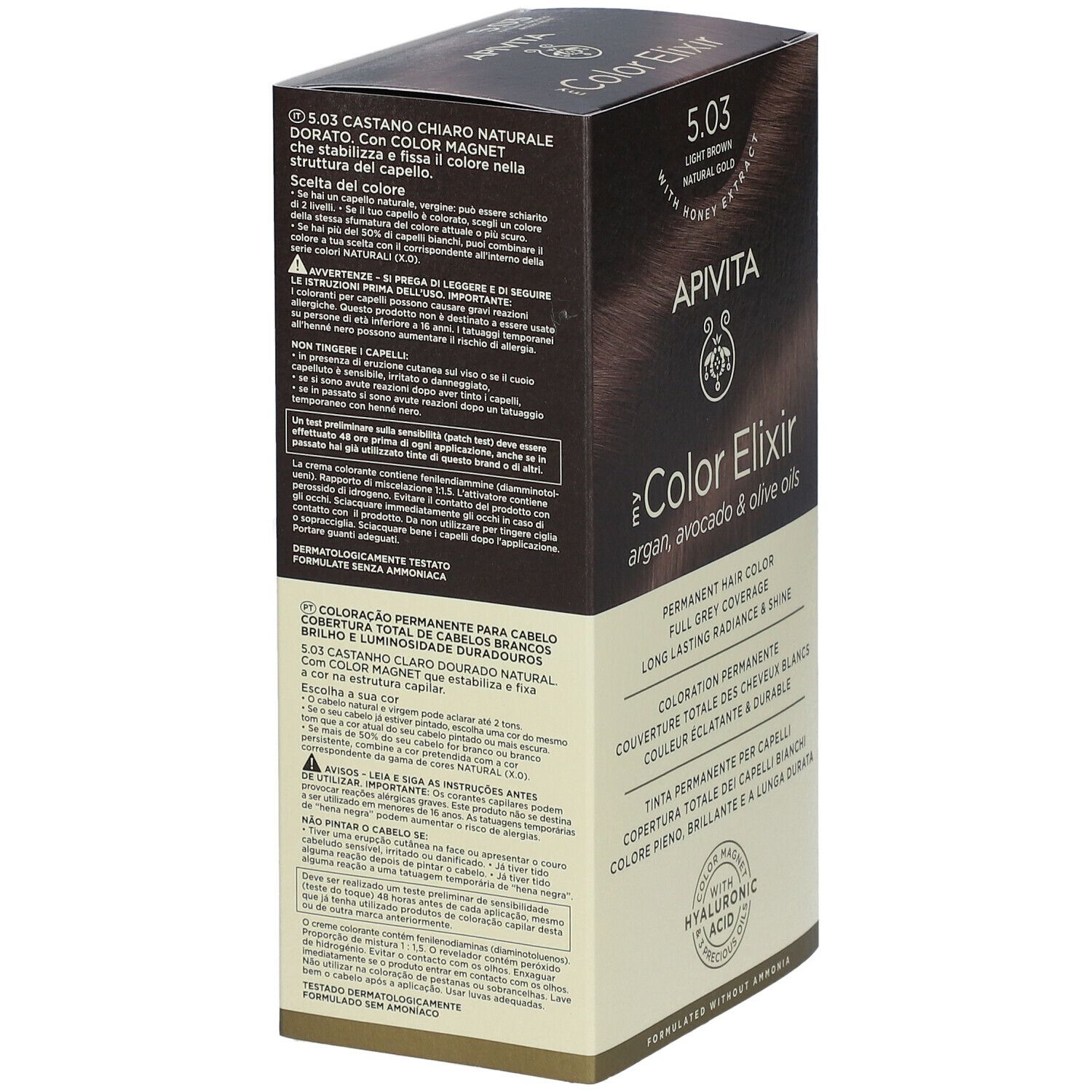 Achterkant van de haarkleurdoos. Informatie over APIVITA My Color Elixir 5.03. Permanente haarkleur, volledige grijsdekking.