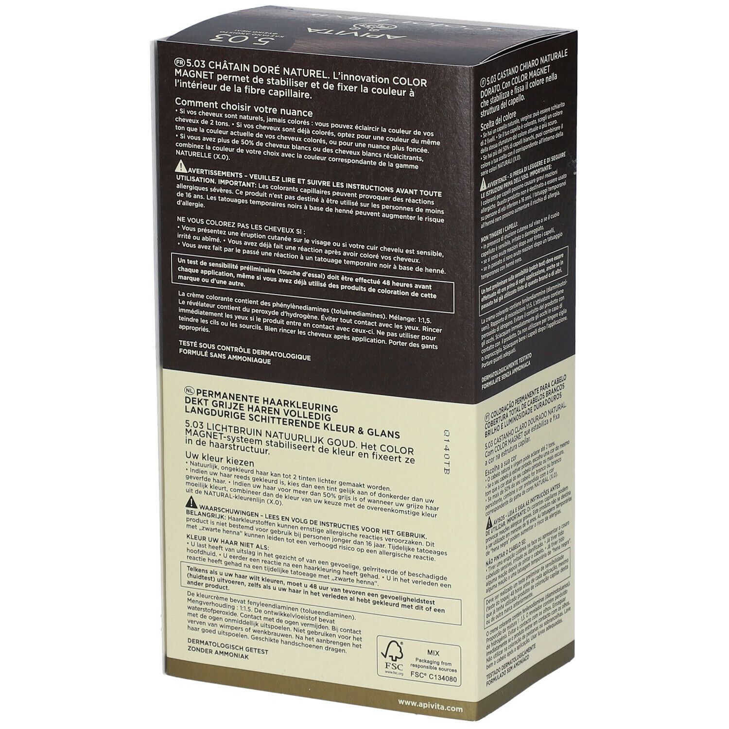 Zijkant van de haarkleurdoos. Informatie over APIVITA My Color Elixir 5.03. Permanente haarkleur, volledige grijsdekking.