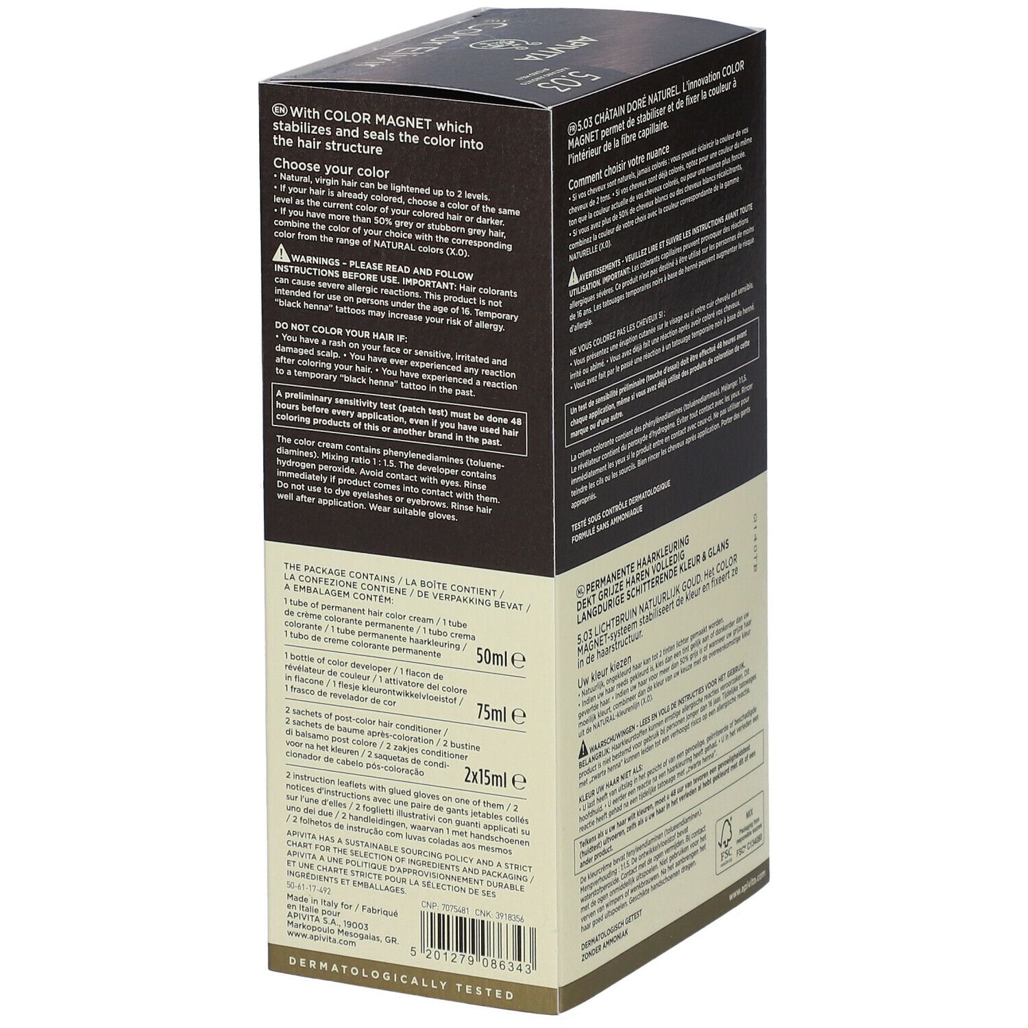 Zijkant van de haarkleurdoos. Informatie over APIVITA My Color Elixir 5.03. Ingrediënten en gebruiksaanwijzing.