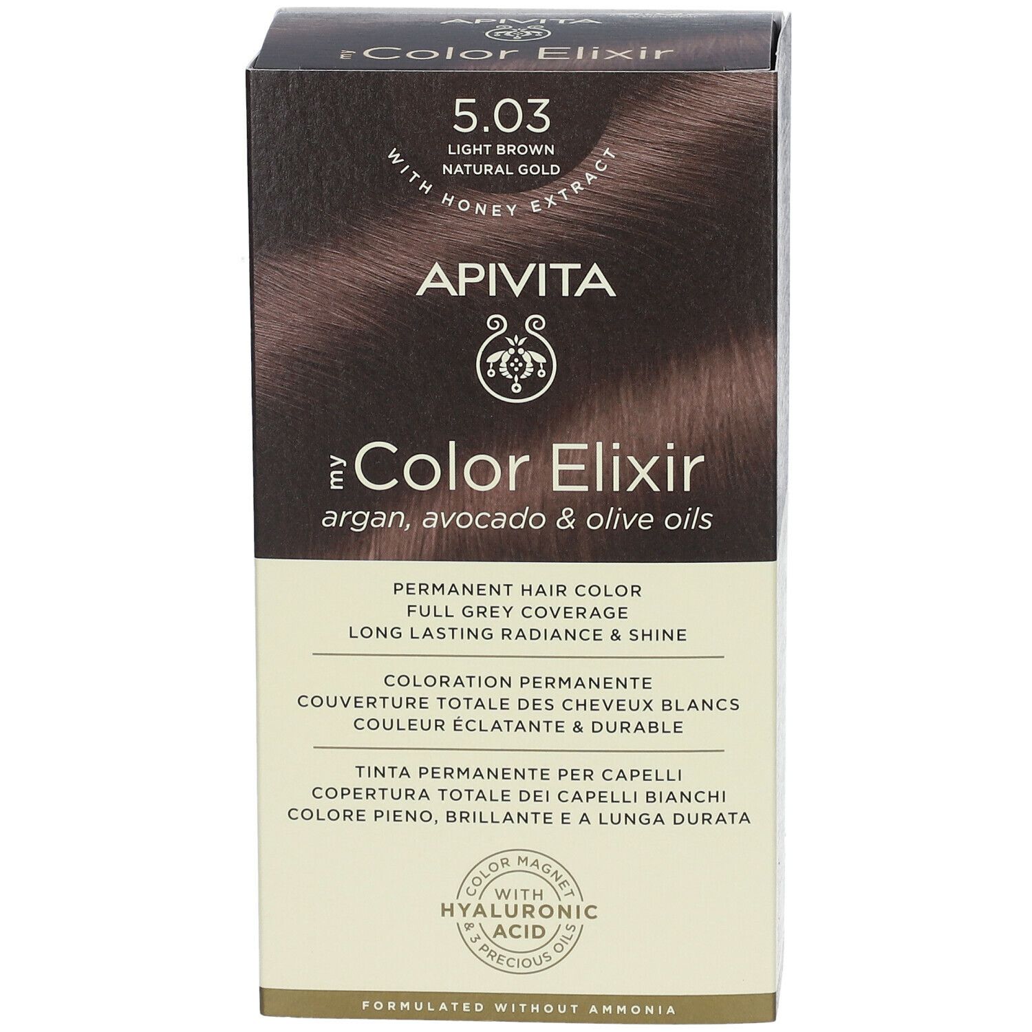 Haarkleurdoos. APIVITA My Color Elixir 5.03, lichtbruin, natuurlijk goud. Met honingextract. Permanente haarkleur.
