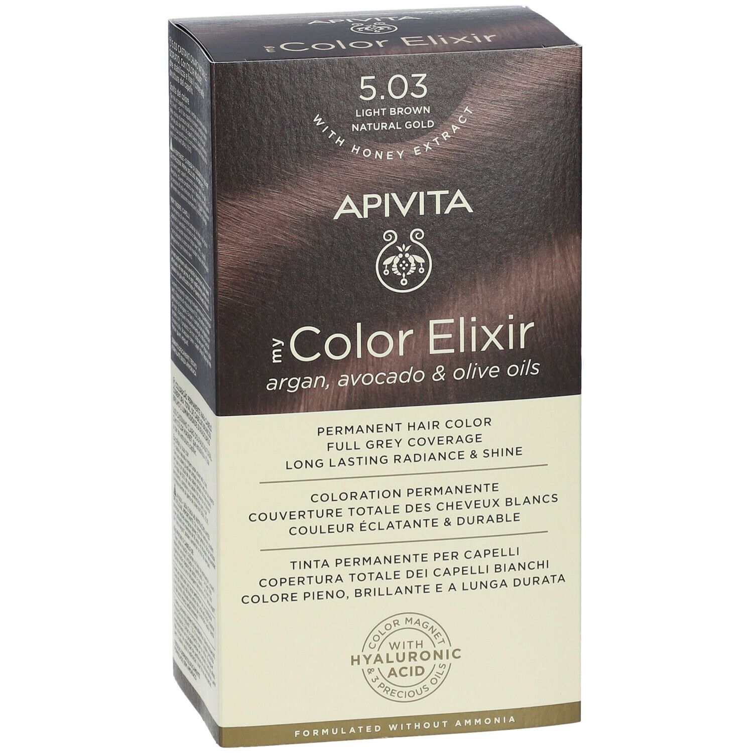 Haarkleurdoos. APIVITA My Color Elixir 5.03, lichtbruin, natuurlijk goud. Met honingextract. Permanente haarkleur.