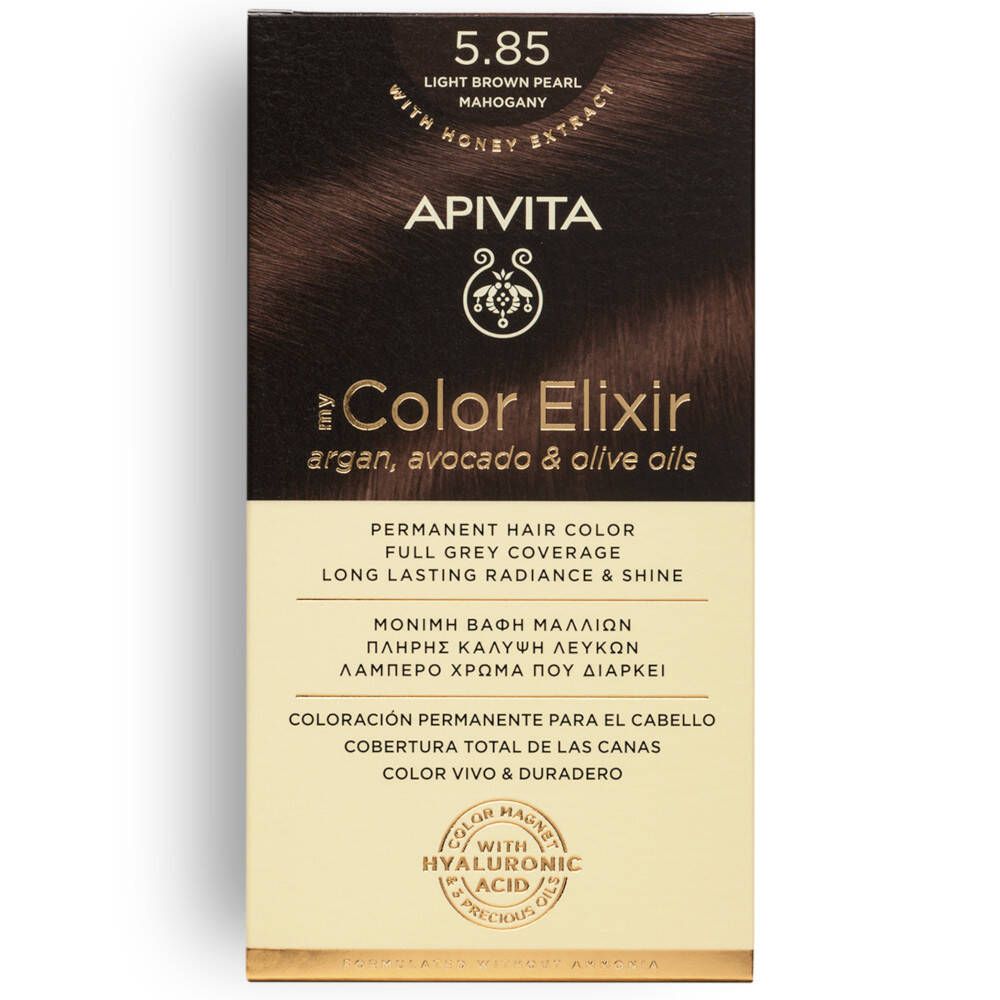 APIVITA My Color Elixir haarverf. Kleur 5.85, lichtbruin Pearl Mahagoni. Verpakking met productinformatie.