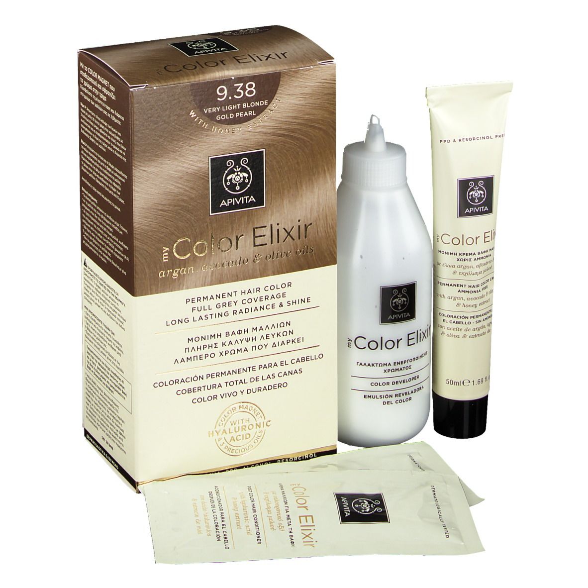 Kit de coloration capillaire avec boîte, flacon, tube et sachets. Inscription "9.38 Very Light Blonde Gold Pearl".