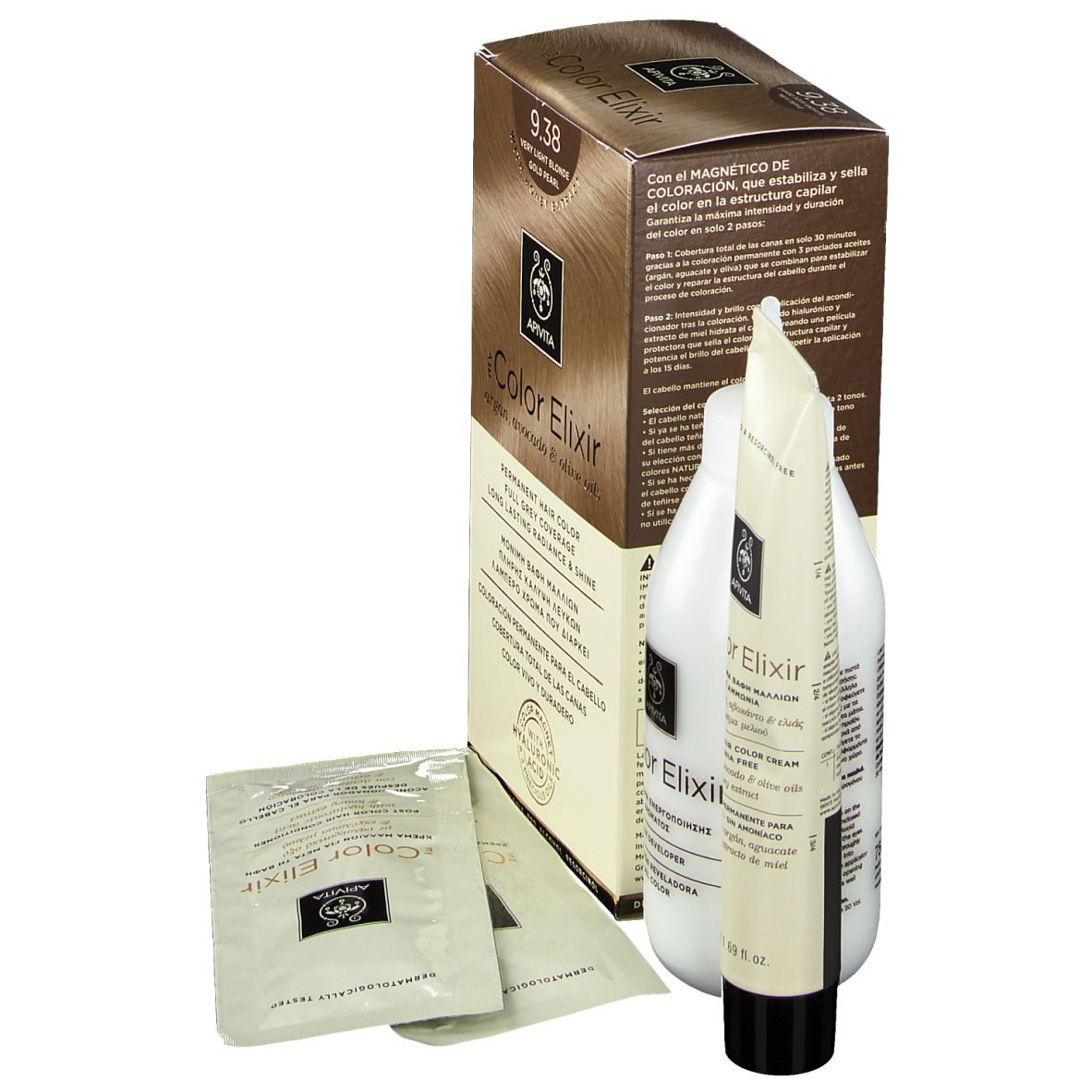 Kit de coloration capillaire avec boîte, flacon, tube et sachets. Inscription "9.38".