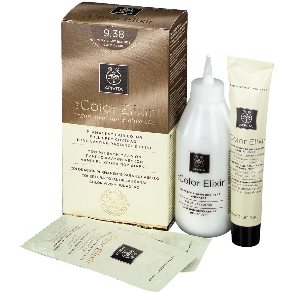 Kit de coloration capillaire avec boîte, flacon, tube et sachets. Inscription "9.38".