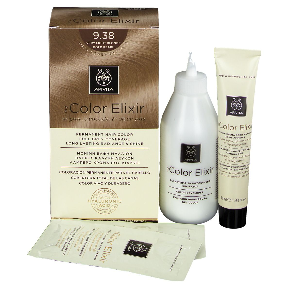 Kit de coloration capillaire avec boîte, flacon, tube et sachets. Inscription "9.38".