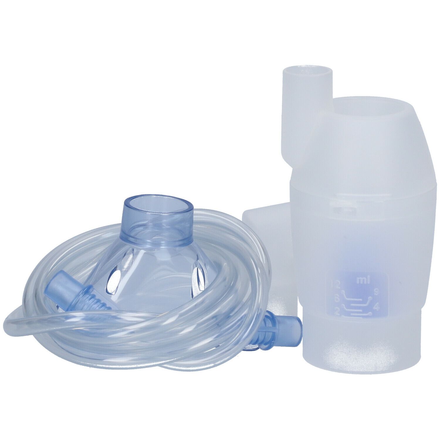 Ensemble nébuliseur avec masque, embout buccal et tube. Pièces en plastique bleu et transparent. Marquage ml.