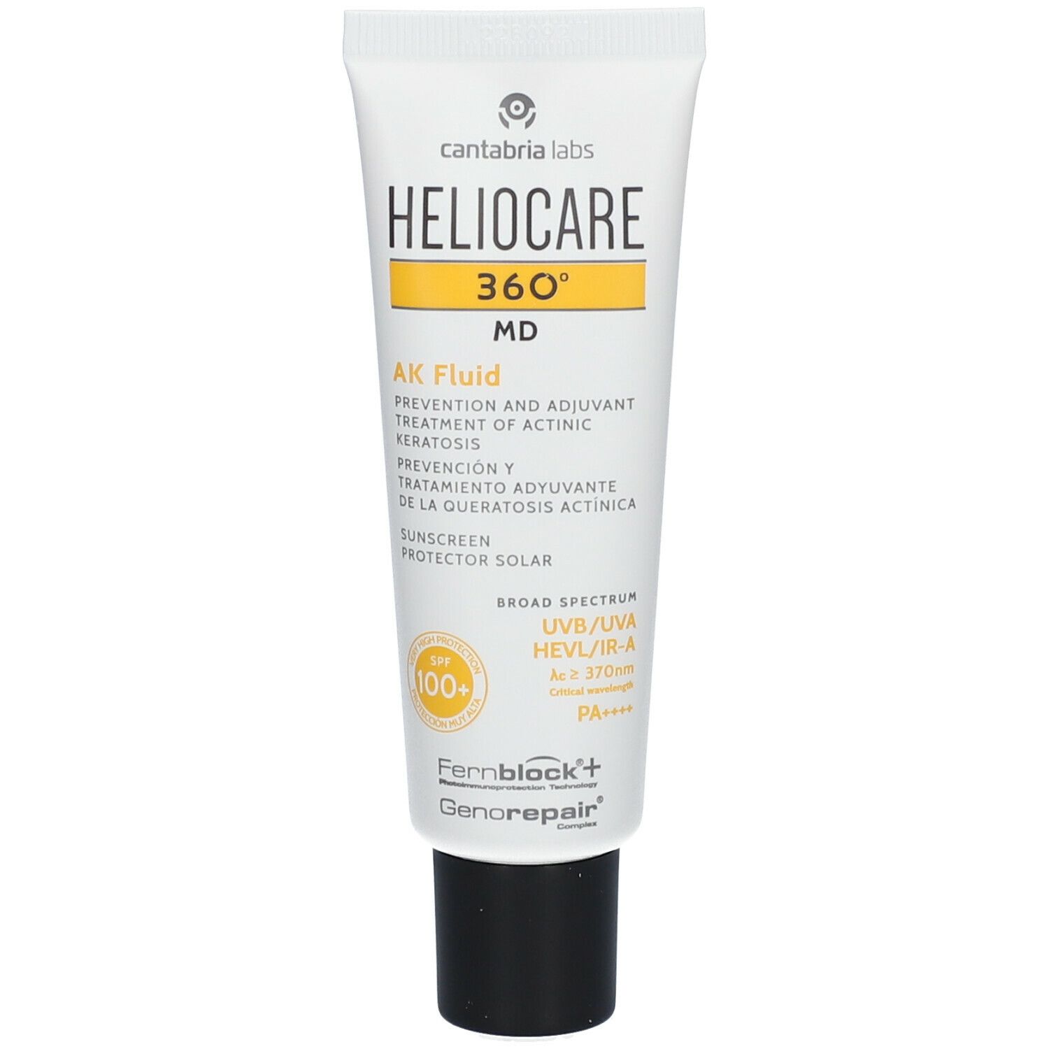 Tube HELIOCARE 360° AK Fluid. Weiß, gelber Streifen. Schwarzer Verschluss. SPF 100+.