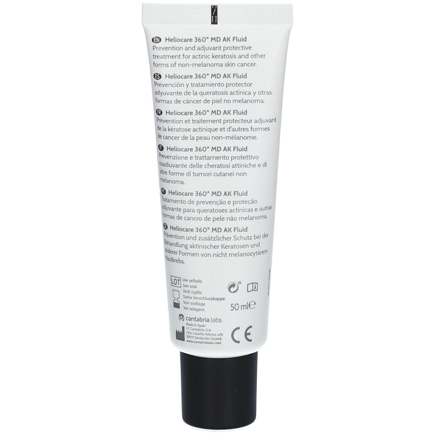 Rückseite der Tube HELIOCARE 360° AK Fluid. Text in mehreren Sprachen. 50ml. CE-Zeichen.