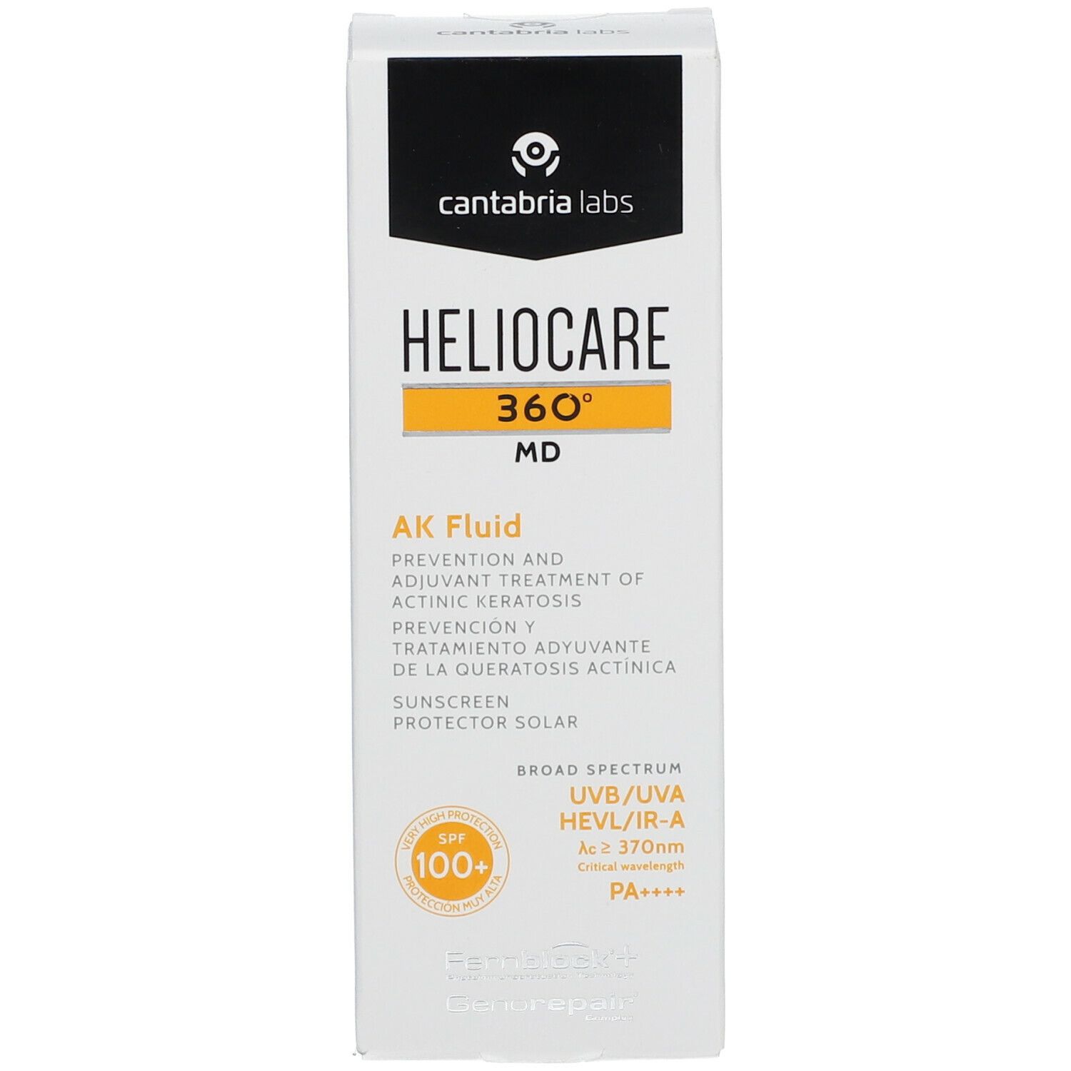 Verpackung von HELIOCARE 360° AK Fluid. Weiß, gelb, schwarz. SPF 100+. Produktname deutlich sichtbar.