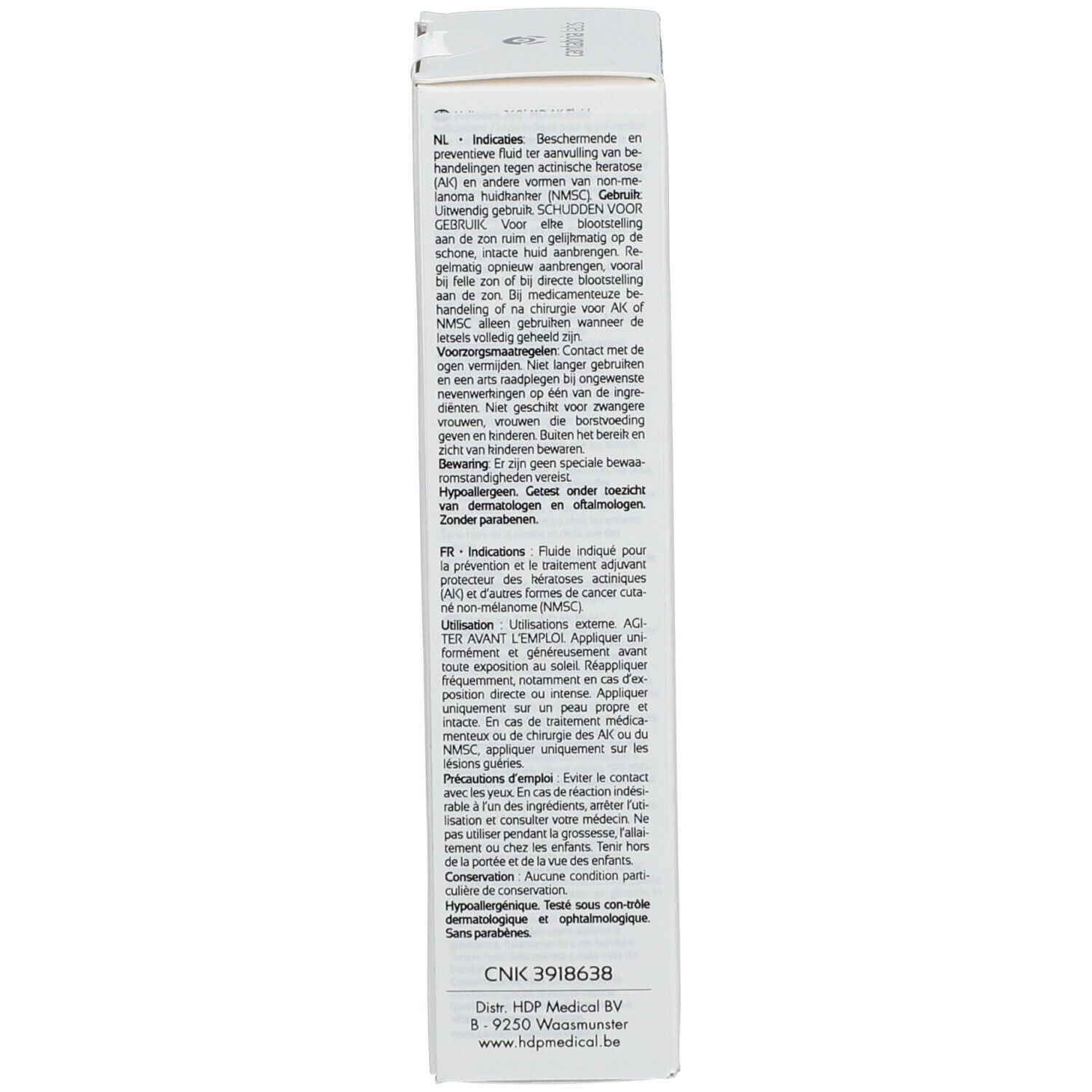 Seite der Verpackung HELIOCARE 360° AK Fluid. Text in mehreren Sprachen. Informationen zum Produkt.