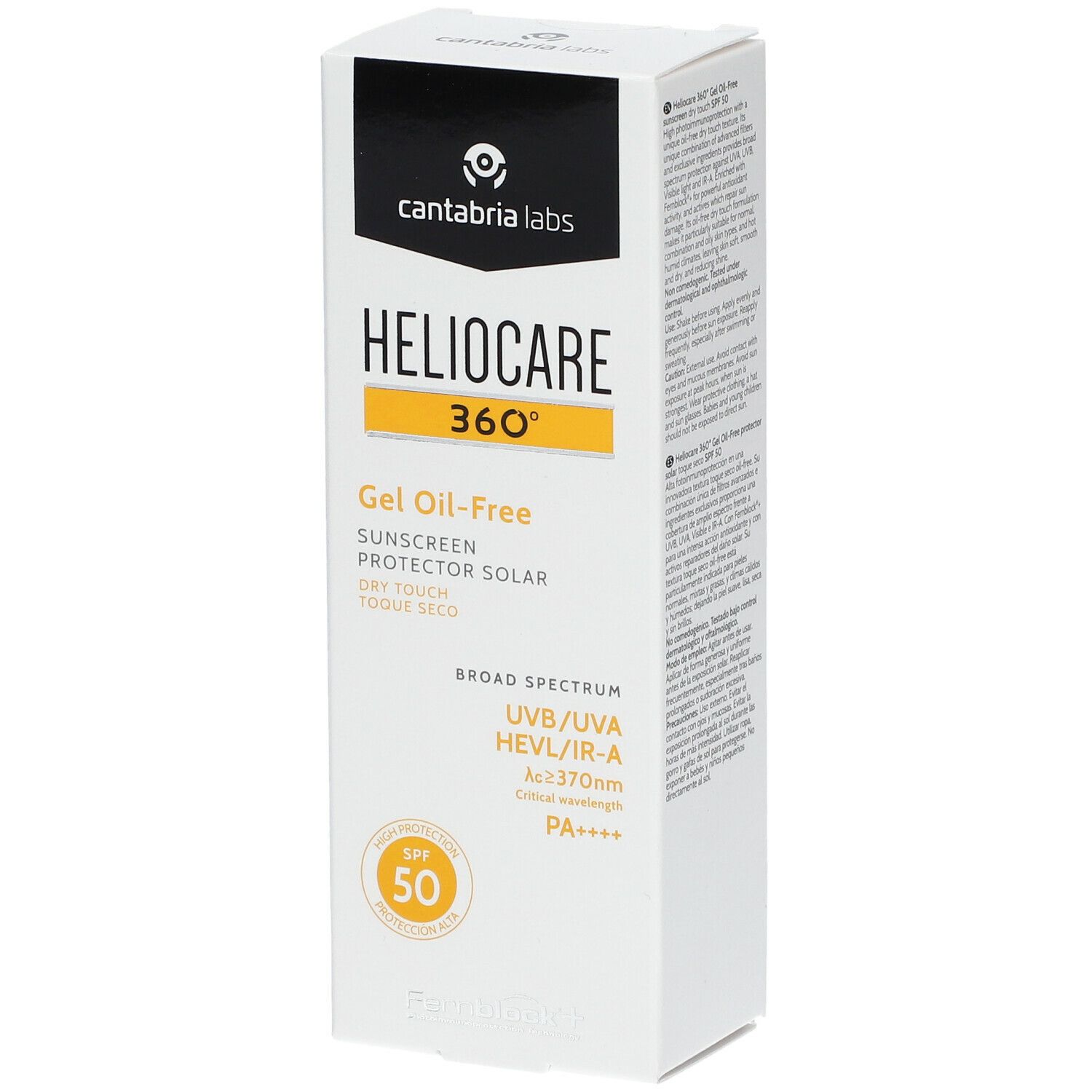 Heliocare 360° Gel Oil-Free SPF 50 Verpackung. Weißer Karton mit Produktinformationen und Logo.