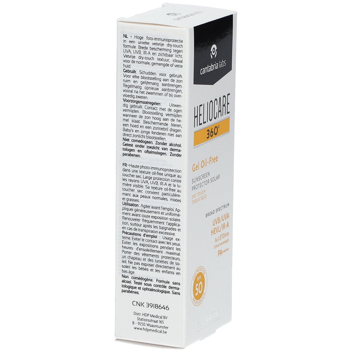 Heliocare 360° Gel Oil-Free SPF 50 Verpackung. Produktinformationen auf weißem Karton.