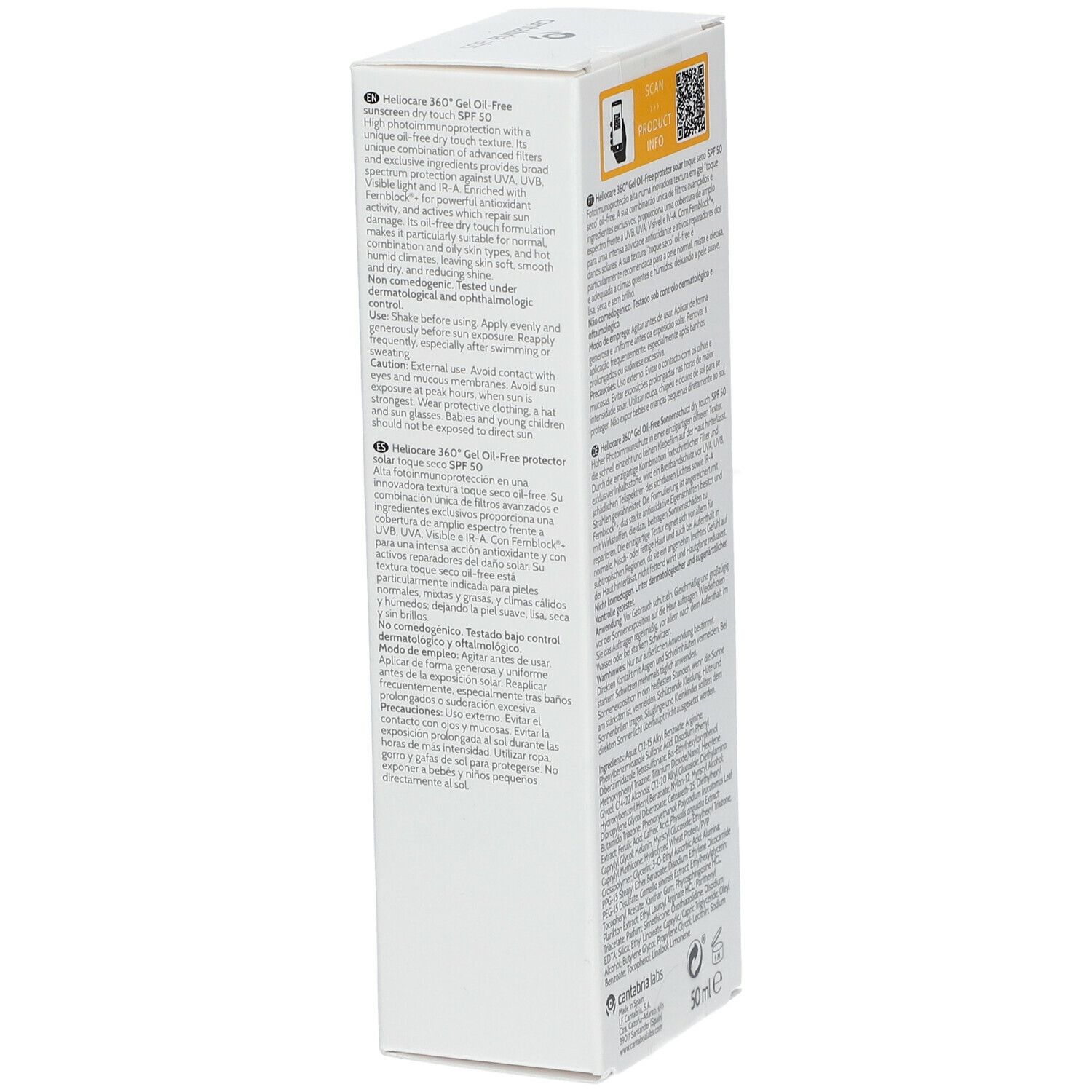 Heliocare 360° Gel Oil-Free SPF 50 Verpackung. Seite mit Produktinformationen.