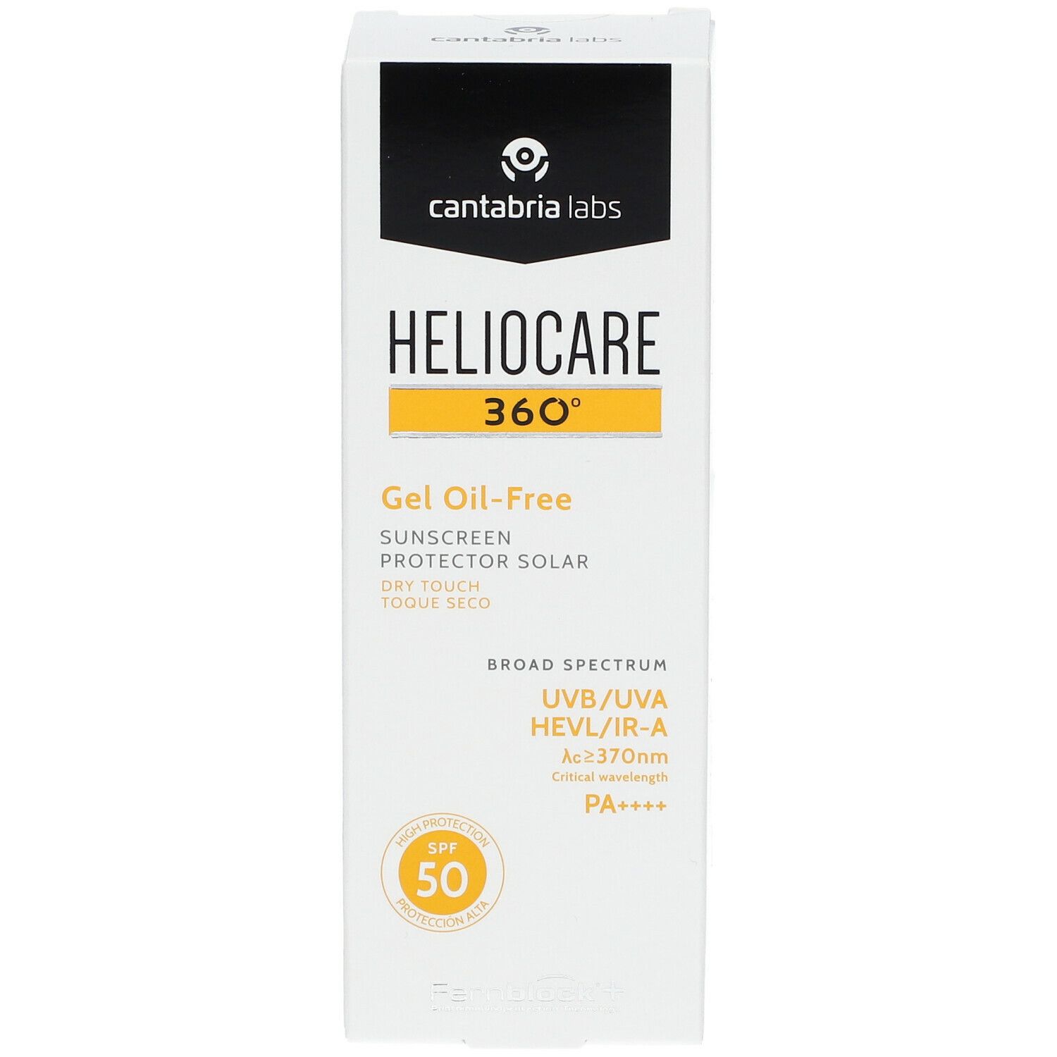 Heliocare 360° Gel Oil-Free SPF 50 Verpackung. Vorderseite mit Produktnamen und Logo.