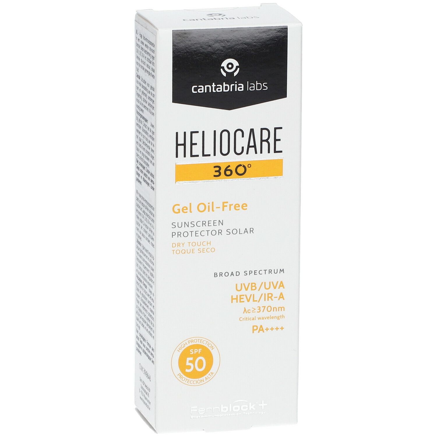 Heliocare 360° Gel Oil-Free SPF 50 Verpackung. Vorderseite mit Produktnamen und Logo.