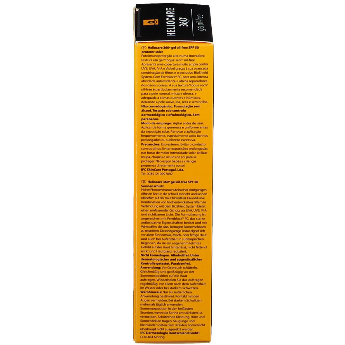 Heliocare 360° Gel Oil-Free SPF 50 Verpackung. Seite mit Produktinformationen.
