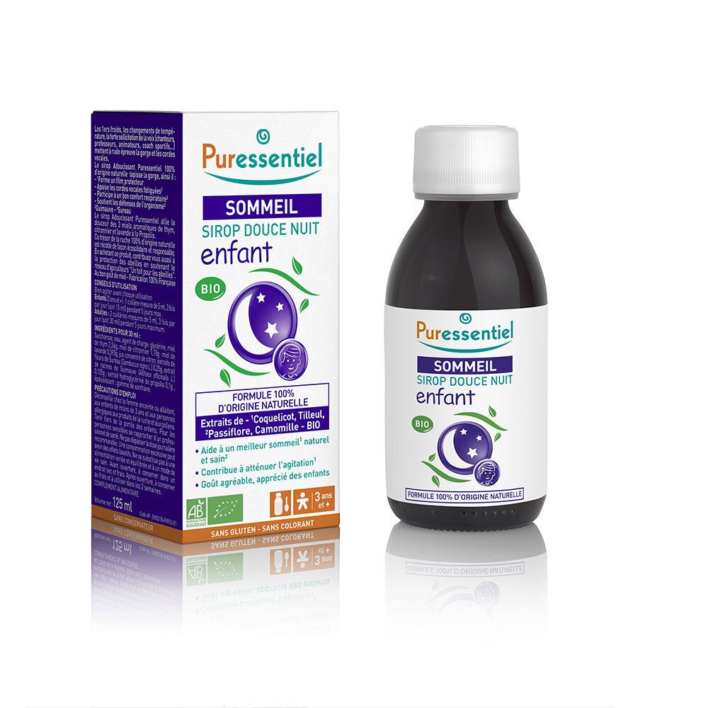 Bouteille et emballage. Inscription : Sommeil Sirop Douce Nuit Enfant. Certification BIO.