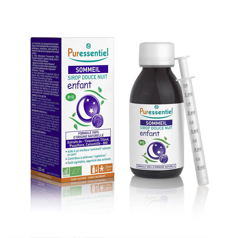 Bouteille et emballage avec liquide. Inscription : Sommeil Sirop Douce Nuit Enfant. BIO. Seringue doseuse incluse.