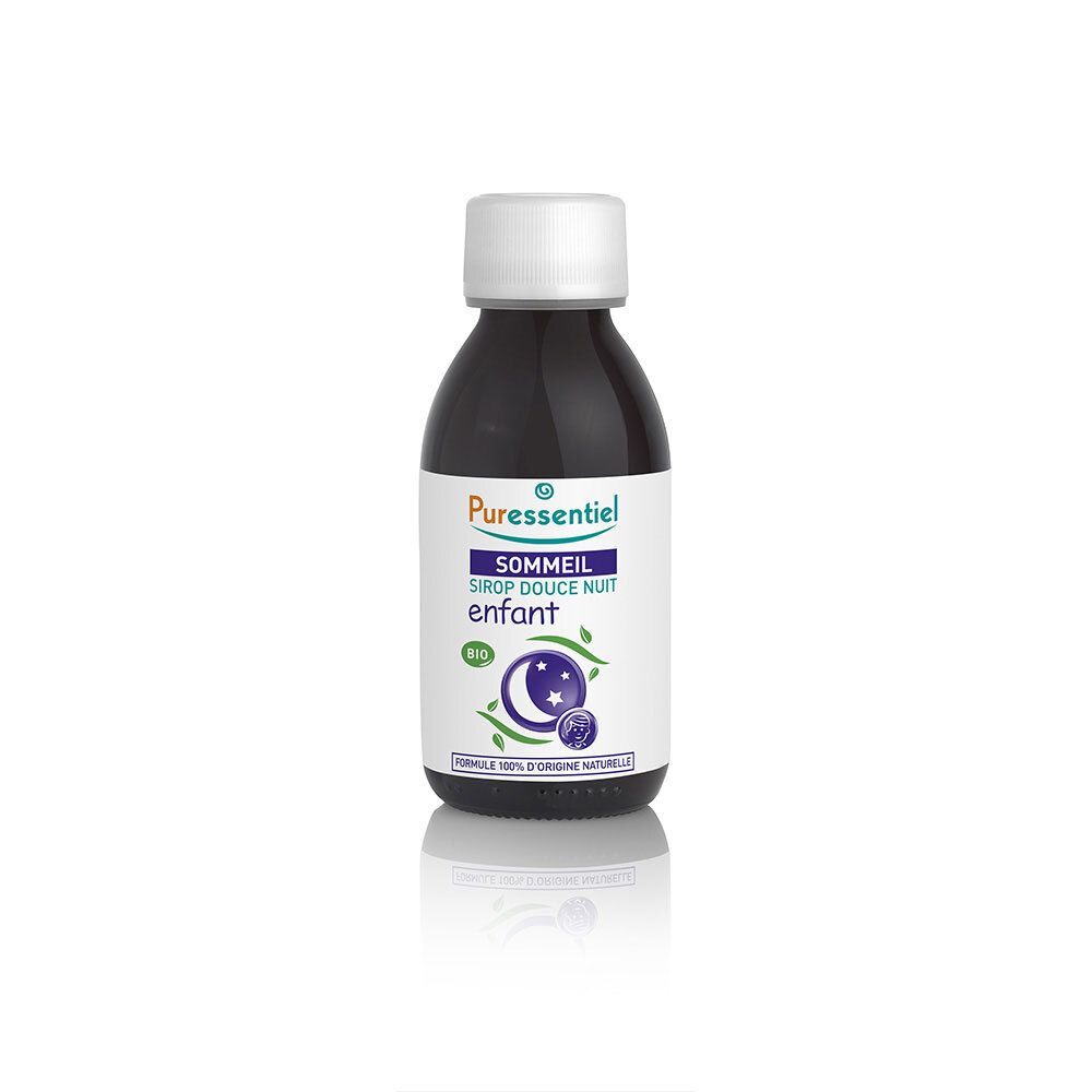 Liquide brun dans une bouteille. Inscription : Sommeil Sirop Douce Nuit Enfant. Certification BIO.