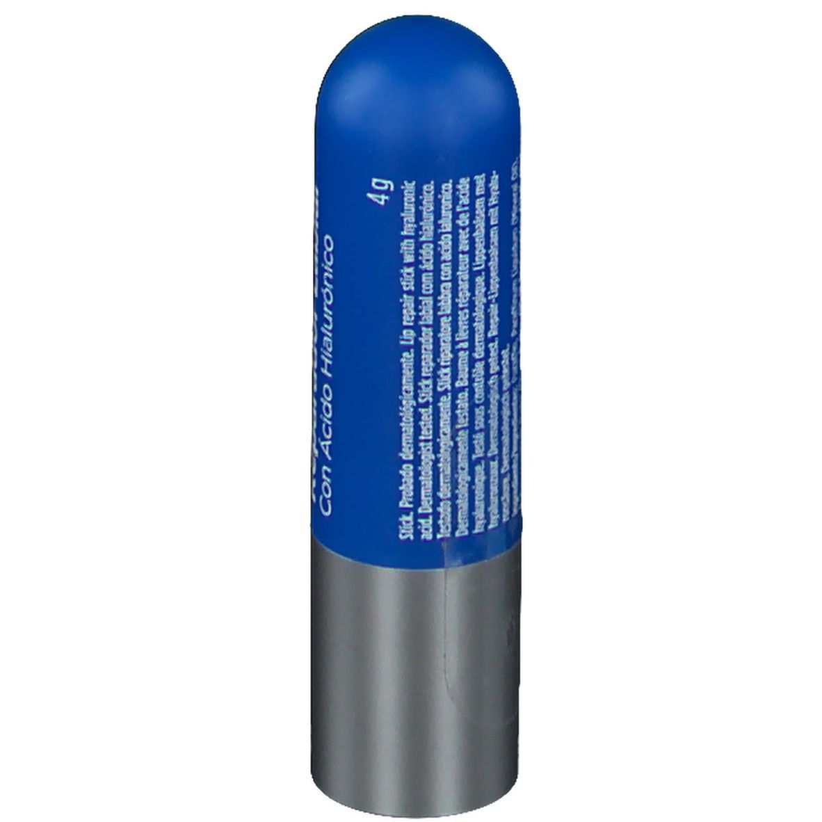 Dos du stick de baume à lèvres. Texte multilingue. Contient 4g. Testé dermatologiquement.