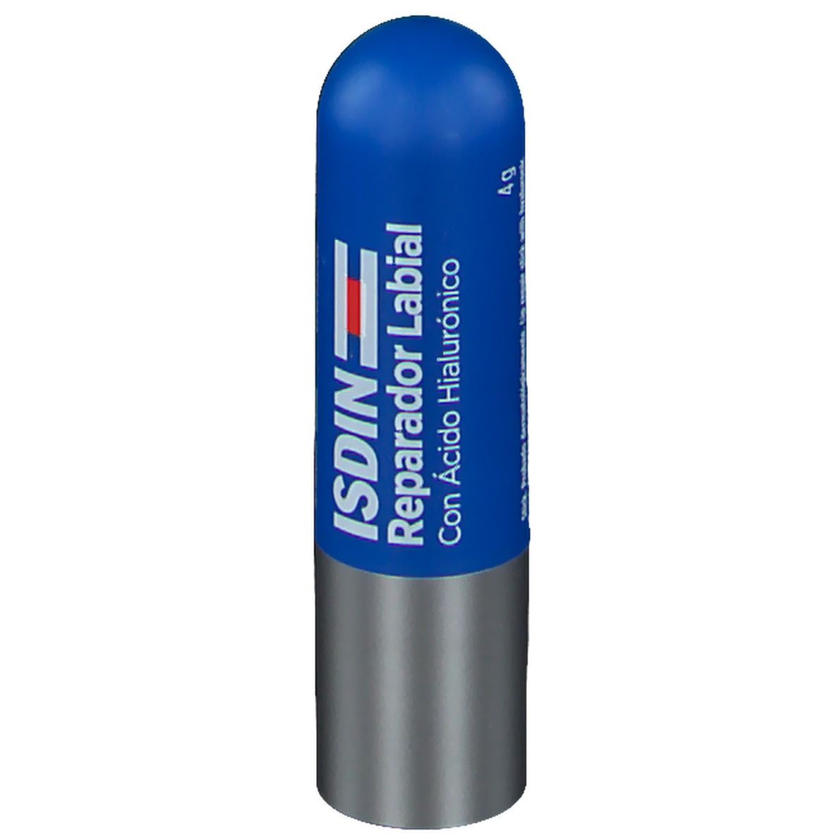 Stick de baume à lèvres bleu et base argentée. Inscription: ISDIN Reparador Labial, avec acide hyaluronique.