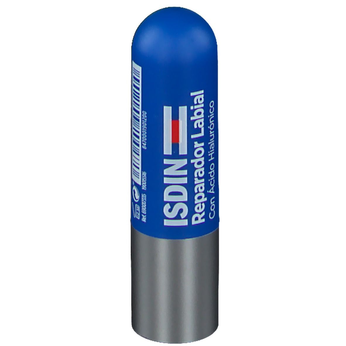 Stick de baume à lèvres bleu et base argentée. Inscription: ISDIN Reparador Labial, avec acide hyaluronique. Code-barres.