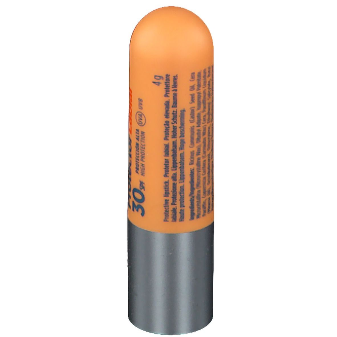 Lippenpflegestift mit orangefarbenem Gehäuse und silberfarbenem Boden. Aufschrift: ISDIN Protector Labial 30 SPF. Inhaltsstoffe.
