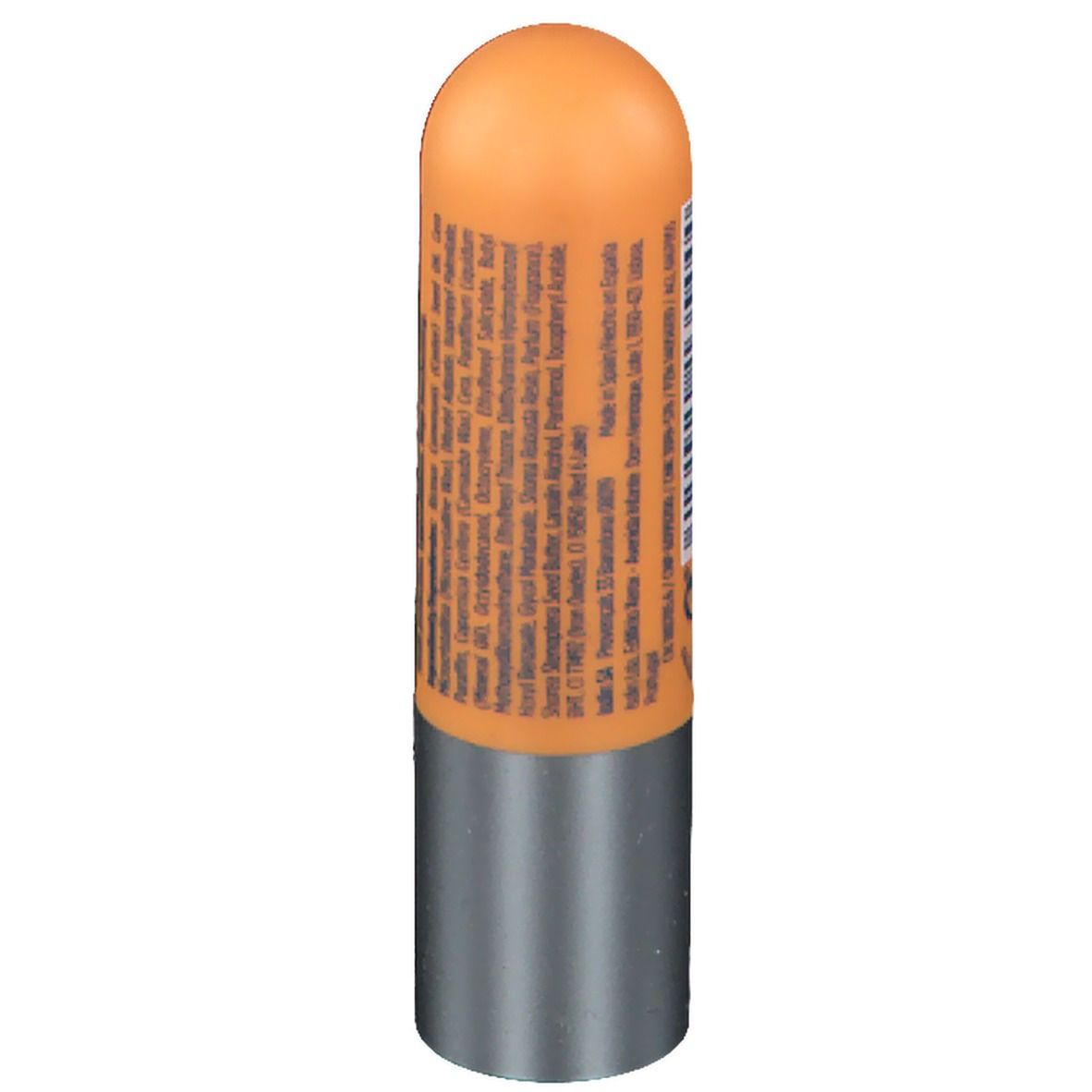 Lippenpflegestift mit orangefarbenem Gehäuse und silberfarbenem Boden. Rückseite mit Text und Informationen.