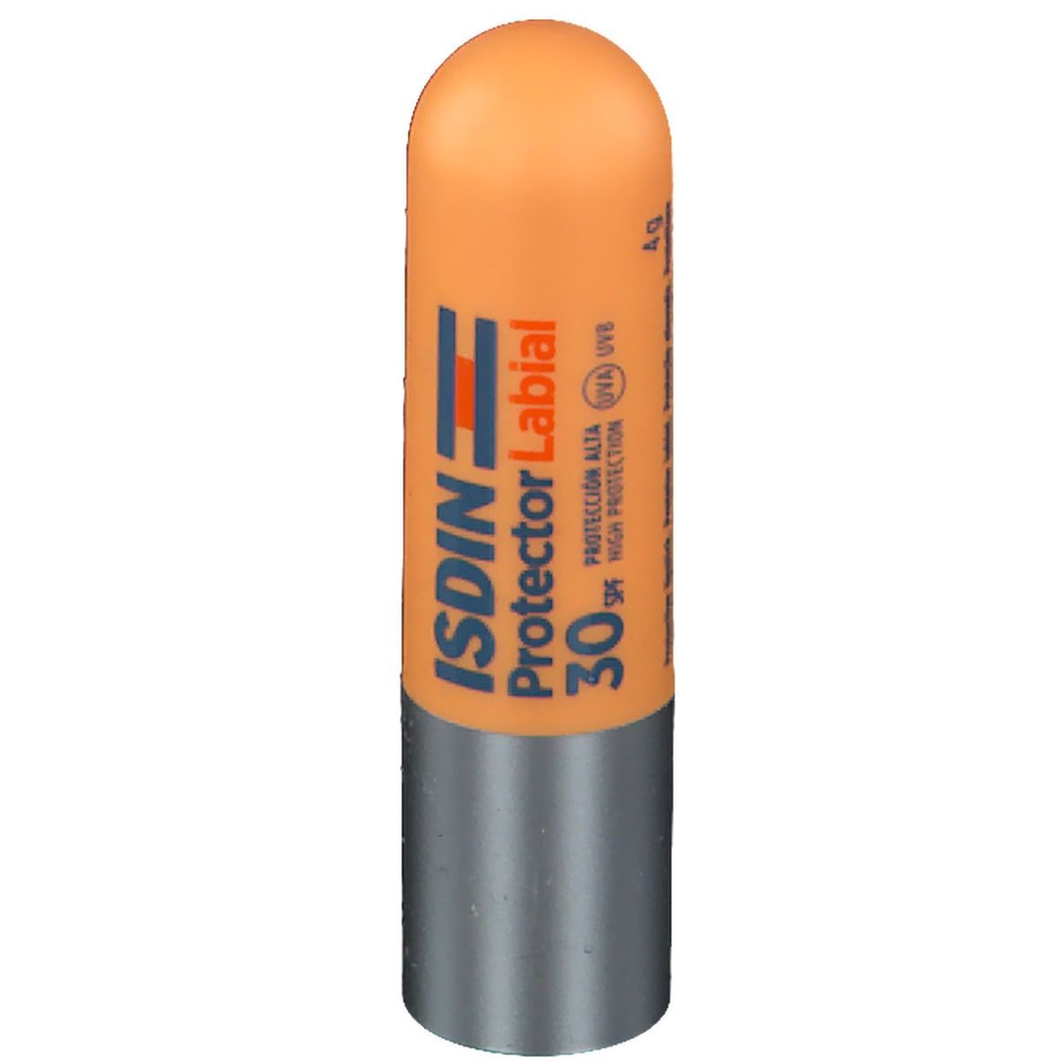 Lippenpflegestift mit orangefarbenem Gehäuse und silberfarbenem Boden. Aufschrift: ISDIN Protector Labial 30 SPF.