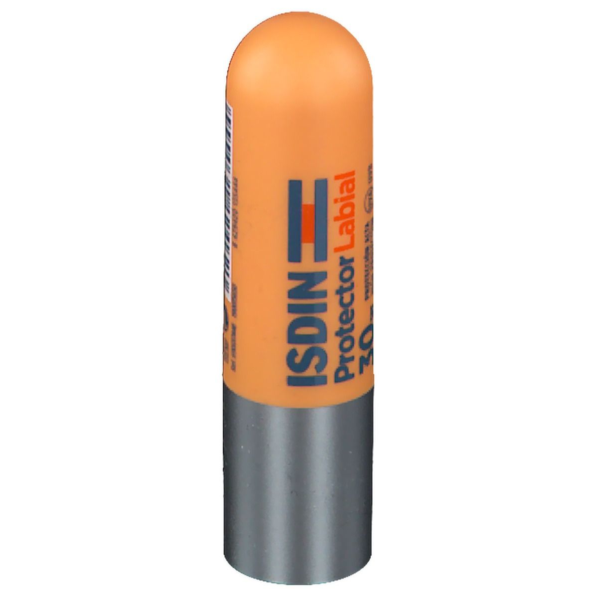 Lippenpflegestift mit orangefarbenem Gehäuse und silberfarbenem Boden. Aufschrift: ISDIN Protector Labial 30 SPF.