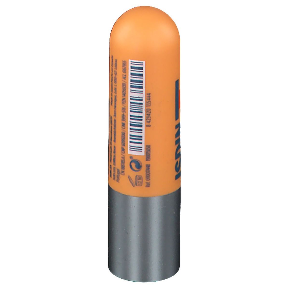 Lippenpflegestift mit orangefarbenem Gehäuse und silberfarbenem Boden. Rückseite mit Barcode und Text.
