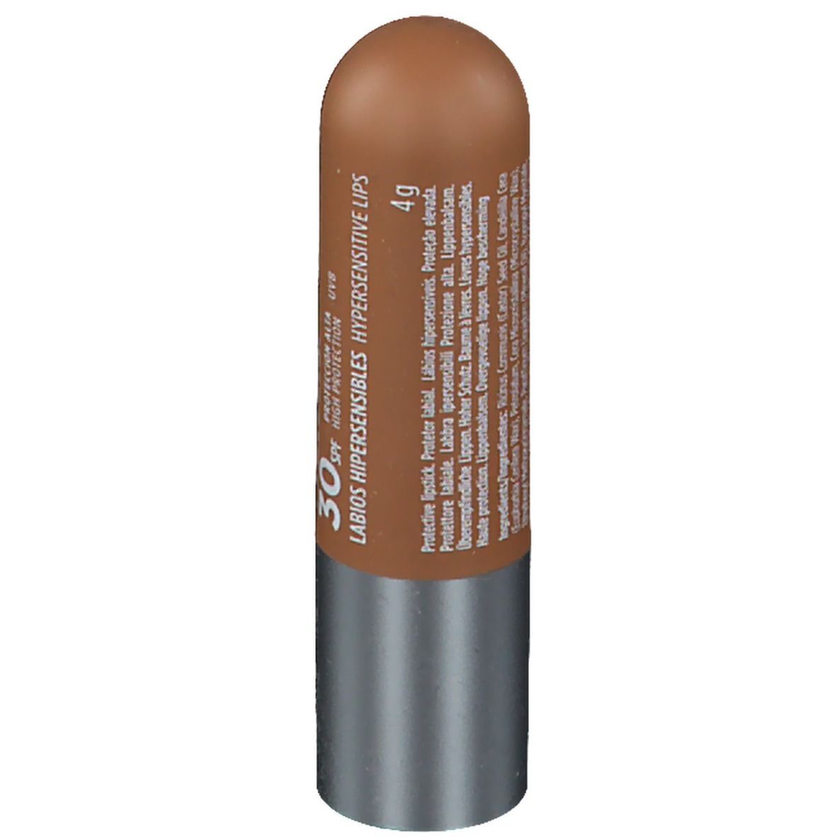 Lippenpflegestift. Brauner Stift mit silbernem Boden. Text: ISDIN Protector Labial HV 30 SPF. Für hypersensible Lippen. 4g.
