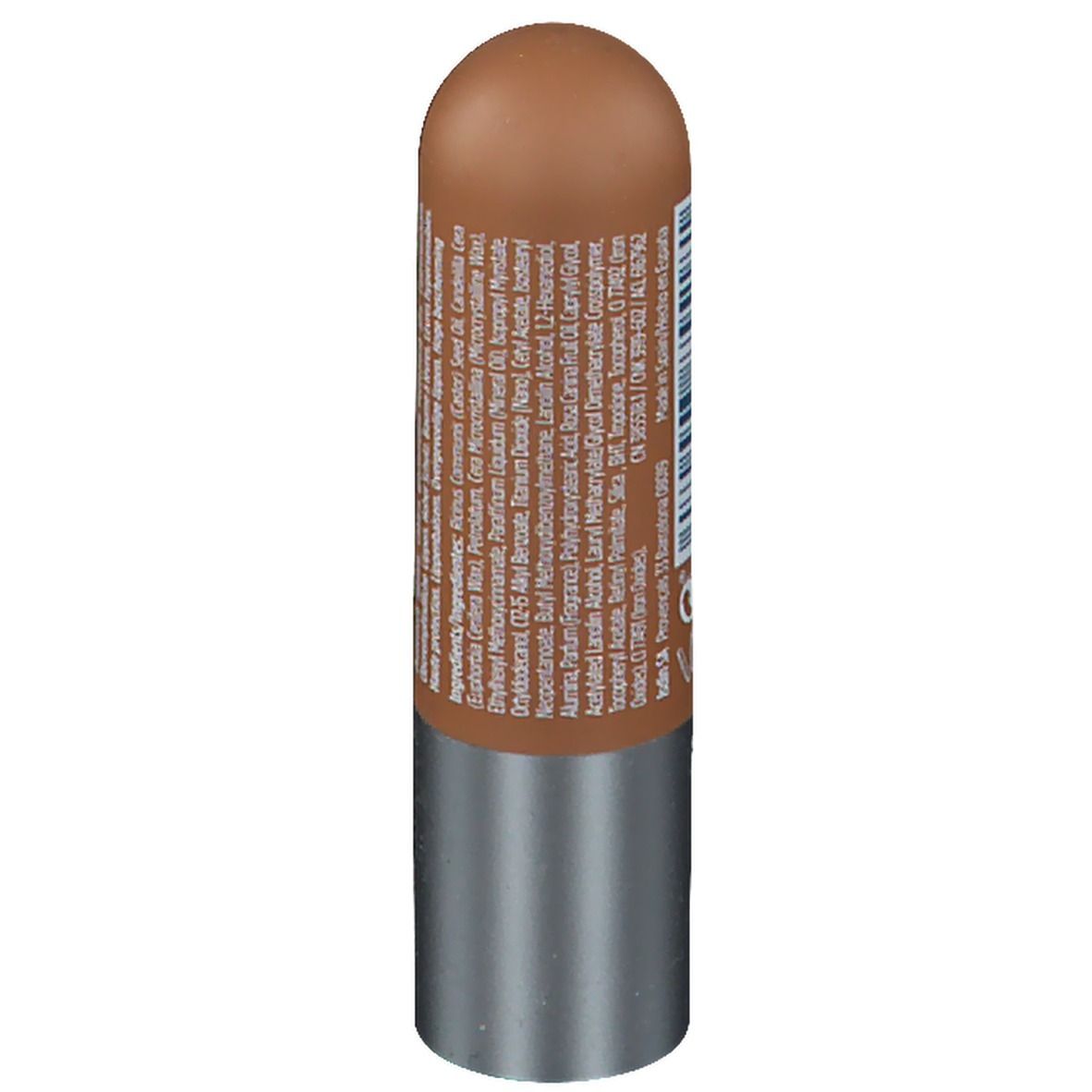 Lippenpflegestift. Brauner Stift mit silbernem Boden. Rückseite mit Text. Zutatenliste. Herstellerinformationen.